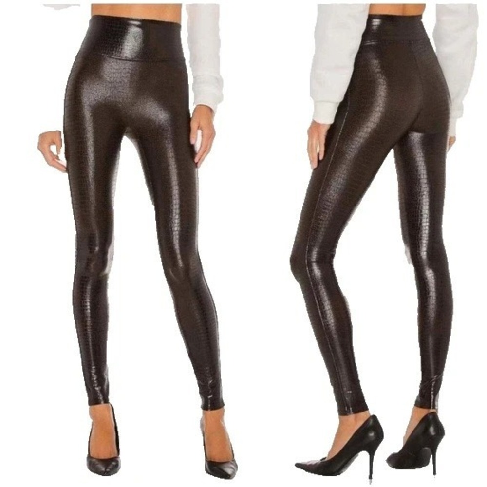 SPANX‎ Faux Leather Croc Shine Leggings Size Small Brown Black 20303R